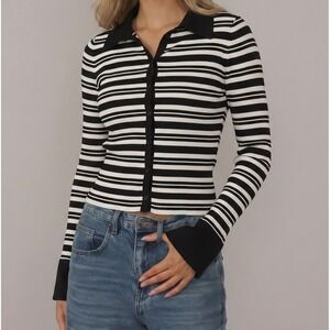 Express Womens Black White Striped Ribbed Knit Button Up Cardigan Sweater Small